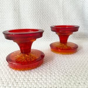 LE Smith Glass Sand Scroll Amberina Flame Convertible Candlesticks MCM 4 Pieces